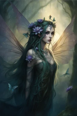 Blue hair , , dark Fairy wings Purple hair,water lilies,dark fairy princess,nymph,elven crown,dragonflies,tiara,,gothic,glitter,rapunzel hair, very long hair, sparkle