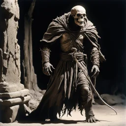[high res photo by Ray Harryhausen] The thing moves again, emerging fully from the shadows. It is a wight—a walking corpse of immense size, its body wrapped in the tattered remains of priestly robes, gray with age and decay. The cloth flutters as it moves, revealing glimpses of bone beneath. Its head is a featureless skull with glowing blue light where the eyes should be, casting a faint azure radiance over the snow. As it drags itself forward, its joints grind audibly, the sound like stone grin