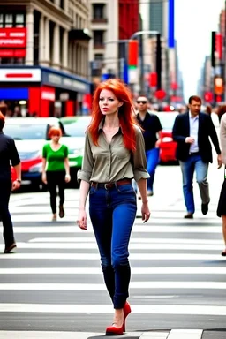 slim redhead woman walking across a busy street