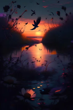 Darkness, river, sunset, flowers, ravens, fireflies, epic,