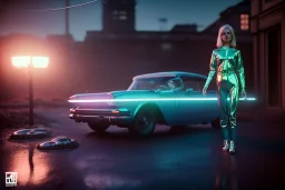 Ultra Realistic retro sci-fi, 1960 year, levitating all cars and a young blonde woman quiet, latex suit, soft color, highly detailed, unreal engine 5, ray tracing, RTX, lumen lighting, ultra detail, volumetric lighting, 3d, finely drawn, high definition, high resolution.