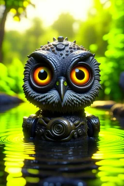 evil owl head with monocle, adorable cute chat priest robot with short punk hair and real human reflective eyes, fluffy floating in pond in garden of st. Barbara cathedral, its such a perfect day, motion blur, smoke, 8k, downlight, soft light, depth of field, photorealism, trending on art station, lotsa detail