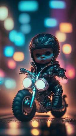 A cute Kawaii tiny hyper realistic baby terminator riding mini harley davidson, wearing bikers clothes with freestyle action, night of cyberpunk city background. wide angle full body, 8k, Cinematography, photorealistic,epic composition Unreal Engine,Cinematic, Color Grading, Portrait Photography,Ultra-Wide Angle, Depth of Field, hyper detailed