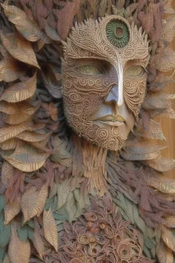 Janus-faced statue made out of quilling such as wood, foliage, feathers, beads, and flowers with a single eye at Burning Man: insanely detailed; quilling; elegant, fantasy, rose tones, beautiful, rapturous