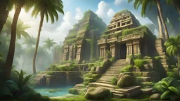 храм ацтеков в джунглях пальмы скалы лианы двор сад из камней руины фэнтези арт