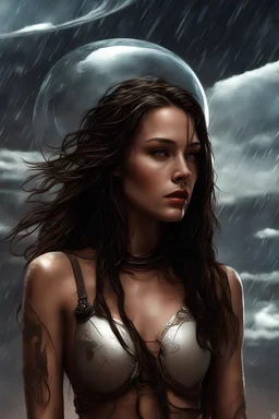 science fiction scene like fantasy on mars 30 years old woman brunette long hair ultrarealistic wet skin raining, tattos photorealistic, wind is blowing, tanned skin collarbones, skinny, space ship behind, all looks like poster from 2250, women looks like priest