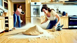 woman on the phone while husband pours baking flour all over the the floors and throw rug looking for make believe invisible tabletiops