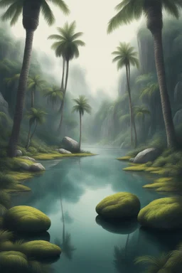 Draw me a lake with a palm trees forest with mossy big stones