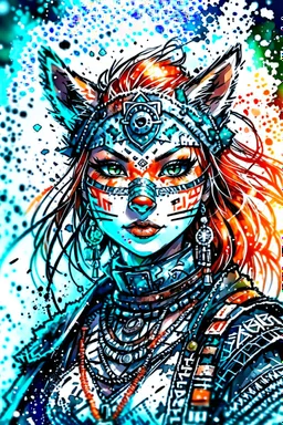 front facing watercolor portrait illustration of a gothpunk armored female kitsune vampire mercenary , beaded dreadlock hair, wearing an ancient ornate japanese kitsune mask , and shemagh, highly detailed with gritty post apocalyptic textures, caught in a cosmic maelstrom of swirling gases , finely detailed facial features and hair, in the graphic novel style of Bill Sienkiewicz, and Jean Giraud Moebius, ink wash and watercolor with realistic light and shadow