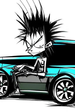 2d drawing of a stickman, cool with punk hair, x eyes like in hangman, sideview of him sitting in a car, arm slightly lifted and resting on door