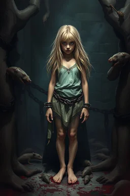 Pretty blonde girl, locked in a dark and dirty dungeon, with rats and malevolent entities, trapped with shackles and with her dirty clothes, barefoot, scared