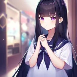 Clear Focus, High resolution, loli girl wearing a sailor school unform, black long fluffy hair, purple eyes, minecrarft