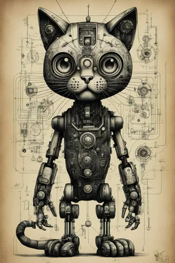 Hand drawn full body illustration by Wayne Reynolds ,old paper with detailed engineering schematics of dark gothpunk cute robotic monster cat with highly detailed facial features, detailed drawings, 8k