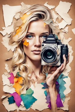 portrait of a blonde woman with a camera, background old torn paper, bright colors, ART drawing