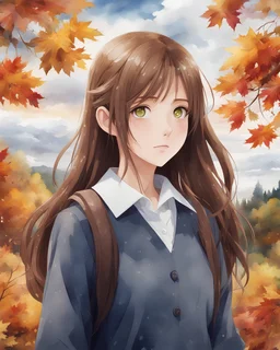 2D anime style. Sarah, a 15-year-old girl with long brown hair and hazel eyes, school uniform, surrounded by autumn trees and gloomy cloudy sky and beautiful landscape, watercolor painting, high detailed, high quality, 4k