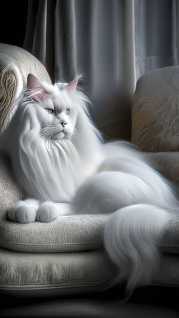 White cat, long hair, sitting on a sofa hdr