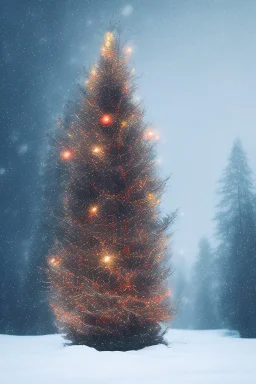 Huge lonely Christmas tree full of lights in a dark snowy forest, warm glow, soft colors, small human on bike