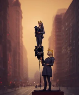 Statue of Queen of photography. Cute blonde woman. Photographer in golden crown. Standing on the street. Big camera in her hand. hyperdetailed, photorealistic, trending on artstation, greg rutkowski, beksinski, kodachrome, lomography, golden hour