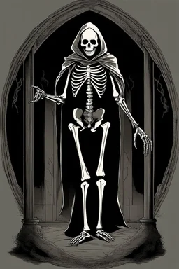 skeleton in a black hooded cloak drawn in a early animation ruberhose style, inside a light diamond shape on a black background, monochromatic