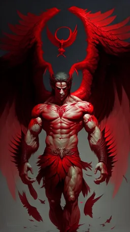 A demon in red with wings and muscles holding an eagle in his hand