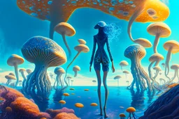 woman in a tight suit, on the shores of an alien world, with mushrooms, with jellyfish tentacles floating in the air, photorealistic, Detailed Matte Painting, Deep Colour, Fantastical, Intricate Detail, sunshine, blue sky