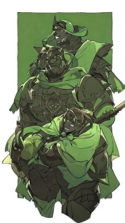 A woman has tanned skin. Her face, marked by the years, is always smiling, showing her superiority in the eyes of others. She is dressed in a steel armor with a few pieces of yellow and green fabric sticking out.