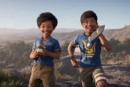 At the top of the trophy, there is a boy character in a triumphant pose. The boy is around 10 years old and is depicted with an enthusiastic and confident expression. He has a joyful smile on his face, and his eyes are gleaming with pride.