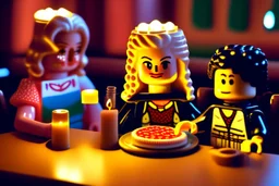 blonde lego girl and curly black haired lego boy eating lego pizza in an italian restaurant in candlelight