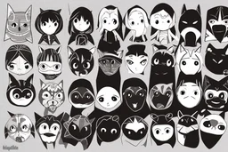 6 simple shaped hand drawn cartoon characters that are cute dark and have hoodies