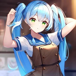 Clear focus, High resolution, short light blue hair, twintails behind head, ribbion on twintail, straight long locks, green eyes, wearing a sailor uniform, wearing a sailor skirt, wearing a brown vest, cute, 1girl