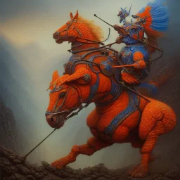 angry horse in orange and blue battle armor, a highly detailed illustration, background of Inka jungle, realistic render, 8 k, micro detail, intricate, elegant, centered, digital painting, Artstation, smooth, sharp focus, illustration, artgerm, tomasz alen kopera, peter mohrbacher, donato giancola, joseph christian leyendecker, wlop, boris vallejo