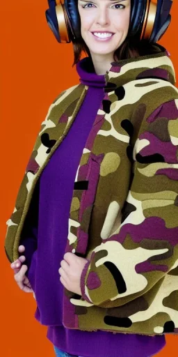 Brunette woman. average body type, think thighs and thick calves. Mantle is sewed of recycled Denim and sewed together of camouflage pieces. Printed camouflage figures are orange,terracotta, cream and purple. It is with big bright purple felt tippet and cream-colored-hood. mantle is merged with satchel. . AKG-style headphones (gold rings!) is merged with small felt cap with small visor. Style: Haute Couture in 1936, Paris fashion in 2023, inspired by street art. Cream latex gaiter.