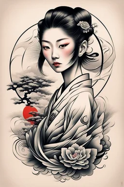 Create a captivating modern 2d Japanese tattoo design for print , using the elegant influences of japan art style, for print, dynamic elements from fashion and design, and bold Japanese art aesthetics, framing centered in the center, distanced from the edges of the paper perimeter, perfect anatomy, bauhaus, Divine Proportion,