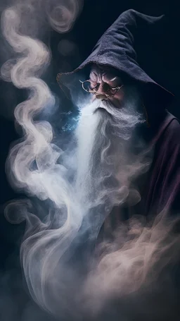 old wizard disappearing into thick smoke