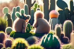 cacti garden, two cute fluffy chibi creatures, one kneeling and planting cacti, the other watching with arms folded in sunshine, ethereal, cinematic postprocessing, dof, bokeh