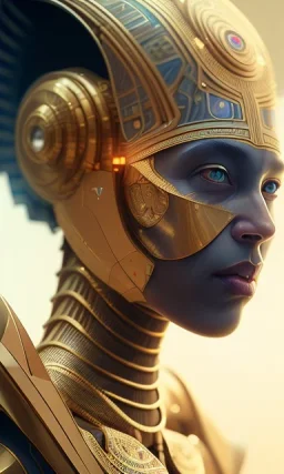 Pharaonic robot , head and shoulders portrait, cinematic, 8k, resolution concept art portrait by Greg Rutkowski, Artgerm, WLOP, Alphonse Mucha dynamic lighting hyperdetailed intricately detailed