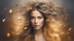 collage Portrait of a WOMAN made of magical objects, Loose hair continues in the form of branches, Double exposure, Nature, Gold and silver luminescent, fluffiness, Wind, multi-layered, Glow, Glare, Warm shades, Airiness, blending, textured, 3D, 8K, best quality, fine rendering, high detail, hyperrealism, high resolution, high definition, multi-layered, highest focus, hyper sharpness, hyperfocus,