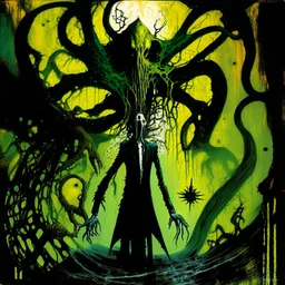 Surreal horror style by Warren Ellis and Graham Sutherland and Rammelzee, subconscious fear of being slender with Lovecraftian eulogies, weirdcore, unsettling, asymmetric abstractions, surreal masterpiece, creepy