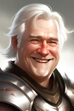 digital art fantasy of a young fat male warrior with white hair with no beard with an happy face without wrinkles