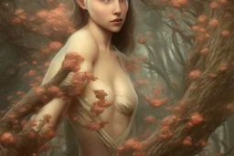 "Young woman covered in tiny copper flowers emerging from a tree, detailed matte painting, deep colour, fantastical, intricate detail