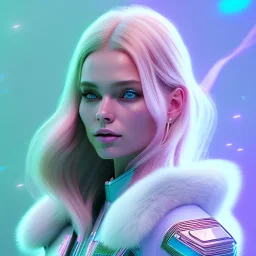 A portrait of a crystalised beautifull girl,smiling, laughting, white longs hairs, atmospheric, realistic,, cinematic lighting, octane render,, pink turquoise light, blue eyes nice, soft face, jewejs brillants