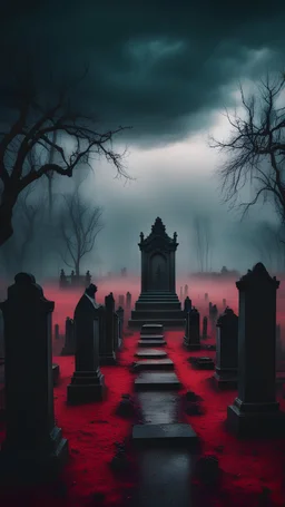 Epic view of gloomy mystical creepy ancient cemetery surrounded by acrid red fog, rainy dark night, black gloomy clouds, thick black fog, creepy reigning atmosphere of violent horror, cinematic style