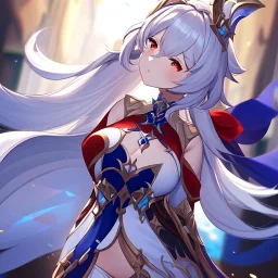 Clear focus,High resolution,High quality, white long fluffy hair, Red eyes, genshin warrior clothing style, curvy,Sumeru Style, Pyro vision, Holding a bow