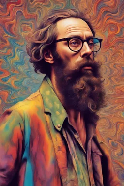 Psychedelic hippie with beard and poor short very short hair with glasses of colours painted by Dali