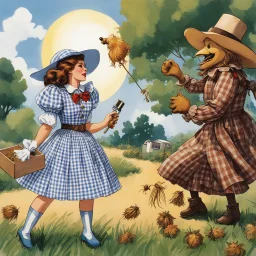 Dorothy Gale in her Gingham dress attacks the Scarecrow with a box matches or a Zippo lighter, a flying saucer