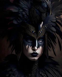 Beautiful young venetian carnival style woman portrait adorned vith voidcore shamanism craw bird venetian style headress textured feathers and black craw venetian masque and wearing hawk voidcore shamanism textured craw bird feathered costume armour organic bio spinal ribbed detail of vantablack gothica background extremely detailed hyperrealistic maximálist concept portrait art