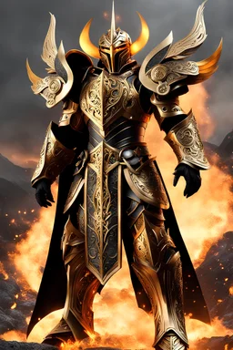 Full body photography,front_view,Dark Lord Sauron, looking at viewer,traditional dress ornaments mechanical_armor,intricate armor, delicate golden filigree, intricate filigree, black metalic parts, detailed part,fire eruption mountain background, dynamic lighting