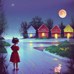 A little girl in a red dress is standing on the street looking at the moon, with blue and yellow houses in the background, girl under the lantern, bright night painting, whimsical art, fairy tale painting, dreamy illustration, pleasant night fireflies, dreamy art, amazing art, night lights, magical realism painting, Dreamy Night, by Zofia Strynska, Beautiful Description, Illustration Art, Starry Nights, by Lucia Peka