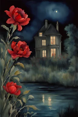 Night, one woman, distant house, red flowers, river, gothic horror films influence, albert durer watercolor paintings