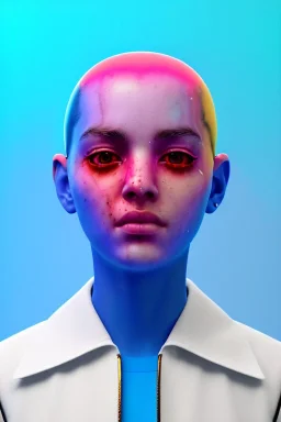 Ultra Realistic image, Rosalía artist, waist up portrait, black eye line, sweet angry face, spray line make up, geometric, rings piercing, led ornament, bubble latex coat, cold, led lights, pop style, pink, blue, gold, vibrant color, highly detailed, art stations, concept art, smooth, unreal engine 5, god rays, ray tracing, RTX, lumen lighting, ultra detail, volumetric lighting, 3d, finely drawn, high definition, high resolution.